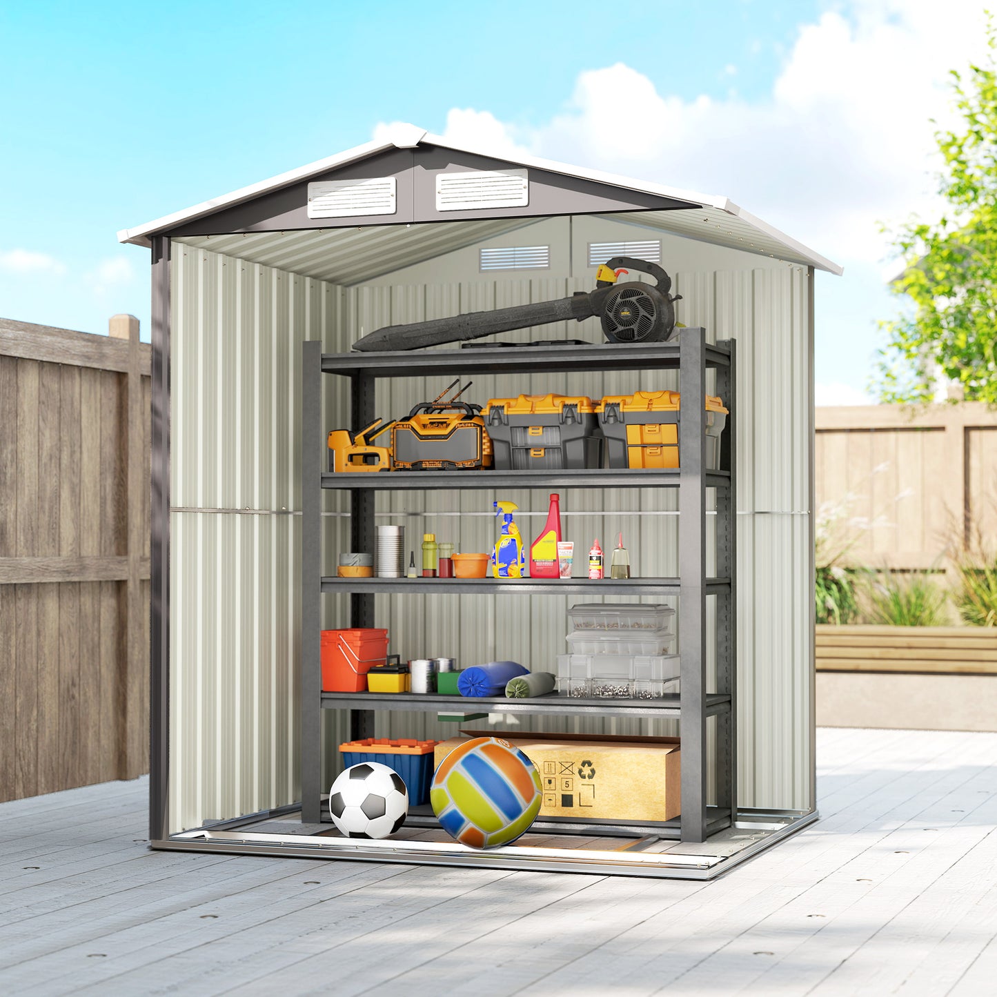 Garden Metal Tool Storage Shed with Sliding Door, Sloped Roof and Foundation Kit, 152 x 132 x 188cm, Grey