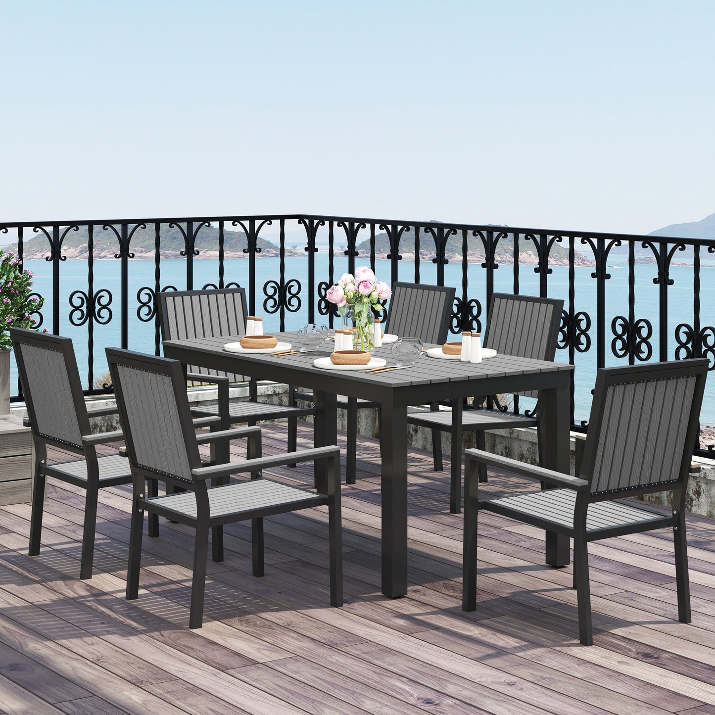 6 Seater Garden Dining Set with Stackable Chairs, Aluminium Frame, Rectangular Plastic Top, Garden Furniture Set