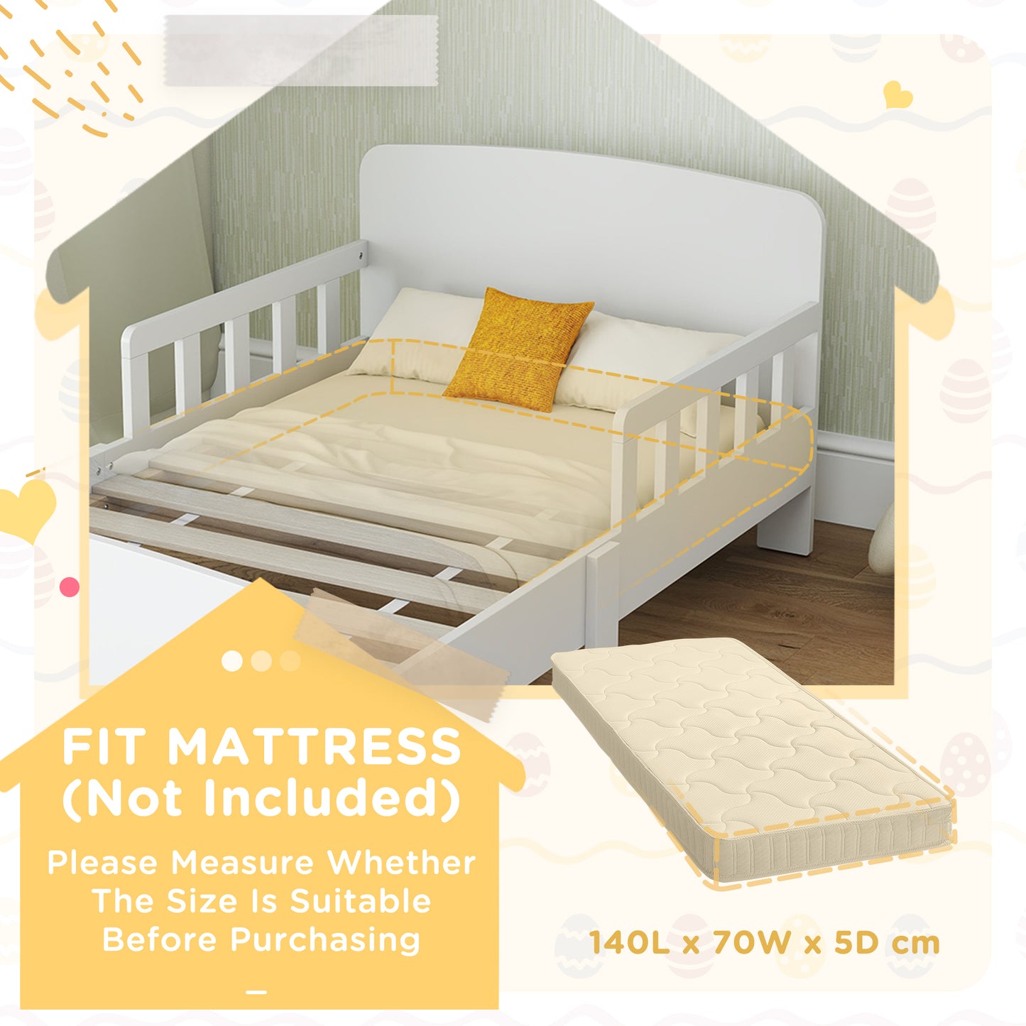 Toddler Bed, Kids Bed Frame with Safety Side Rails, Kids Bedroom Furniture for Ages 3-8 Years, White