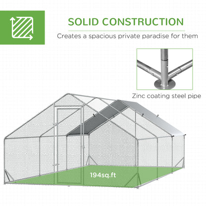 Large Hen Coop, Galvanised Walk In Chicken Run with Cover, 6 x 3 x 2m, Silver