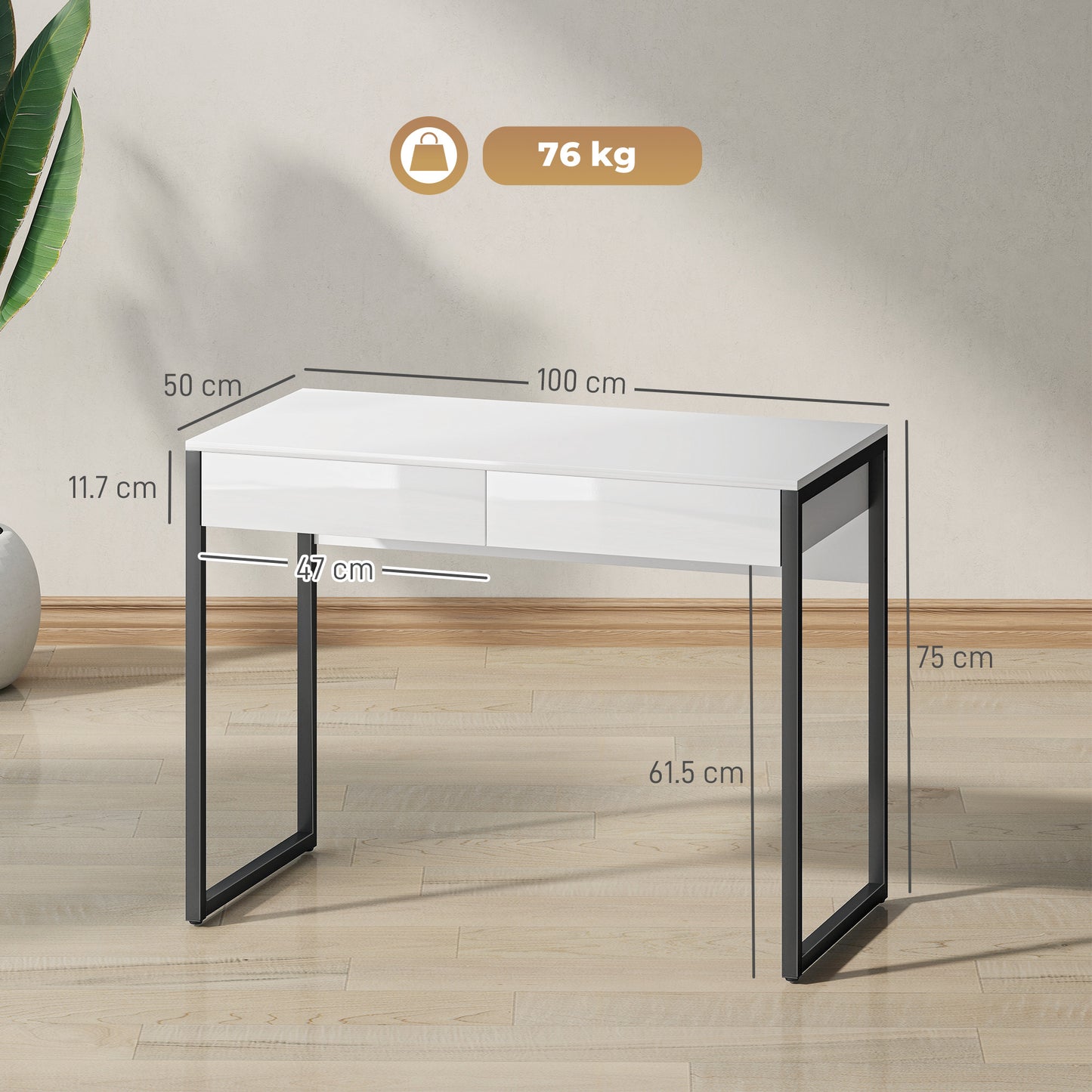High Gloss Work Table, with Drawers - White