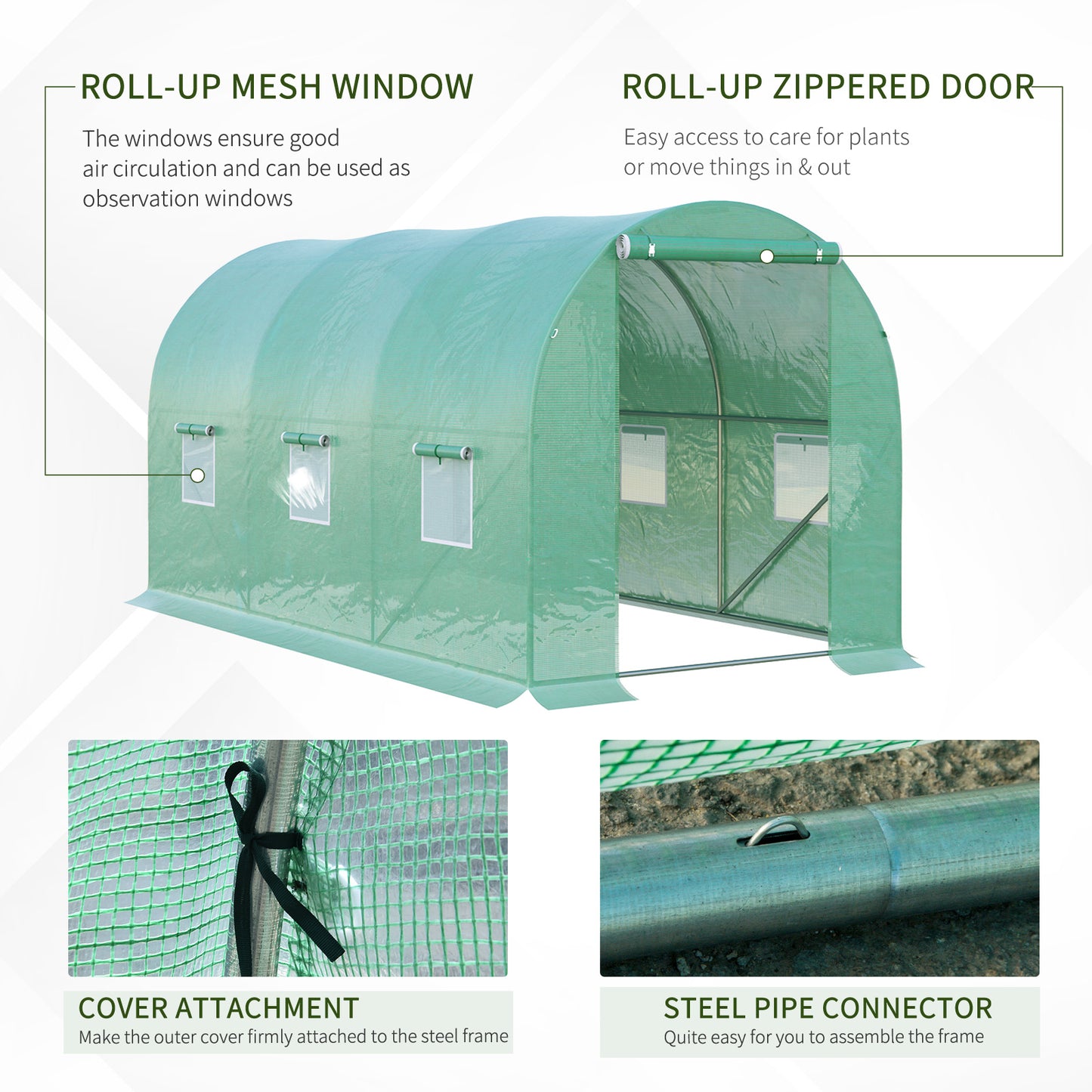 4 x 2 x 2 m Polytunnel Greenhouse with Roll-up Door and 6 Mesh Windows
