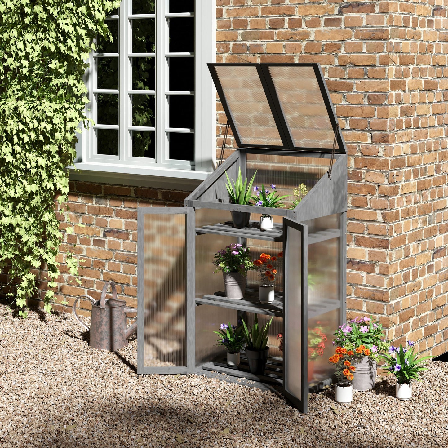 Wooden Cold Frame Polycarbonate Greenhouse with Openable Top Cover and Double Door, Grow House for Flower