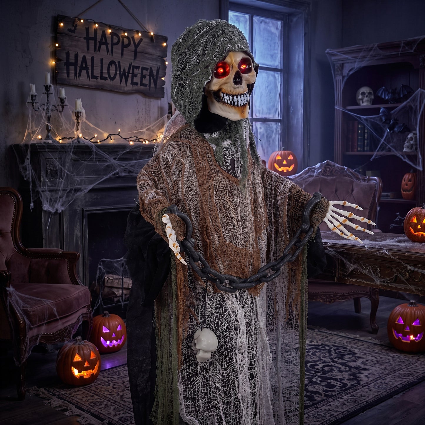170cm Animated Grim Reaper, Life-Size Halloween Animatronic with Moving Hands/Head, Glowing Eyes, Creepy Sound