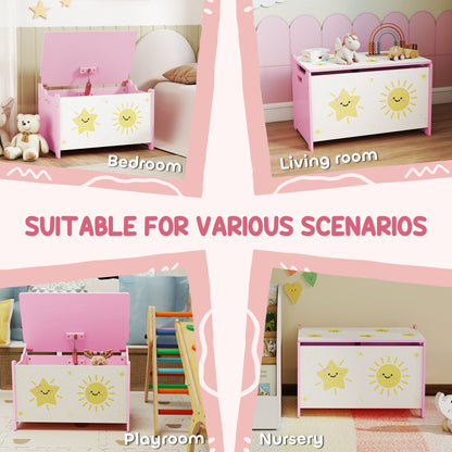 Toy Box with Lid, Safety Hinges and Groove Handles, Toy Storage organiser for Kids, Living Room, Playroom, Pink