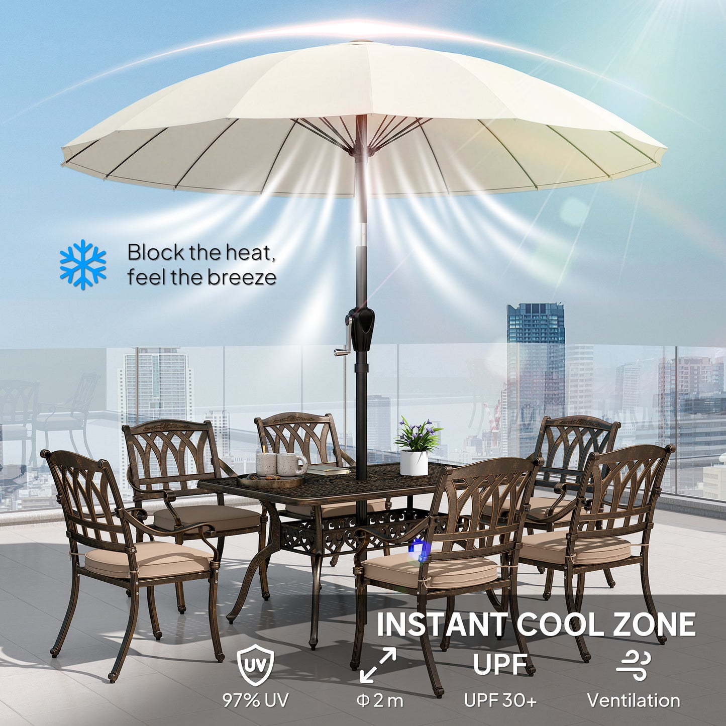 2 m Shanghai Garden Parasol Umbrella with 16 Fibreglass Ribs, Outdoor Parasol Sun Shade with Crank & Tilt, Cream White