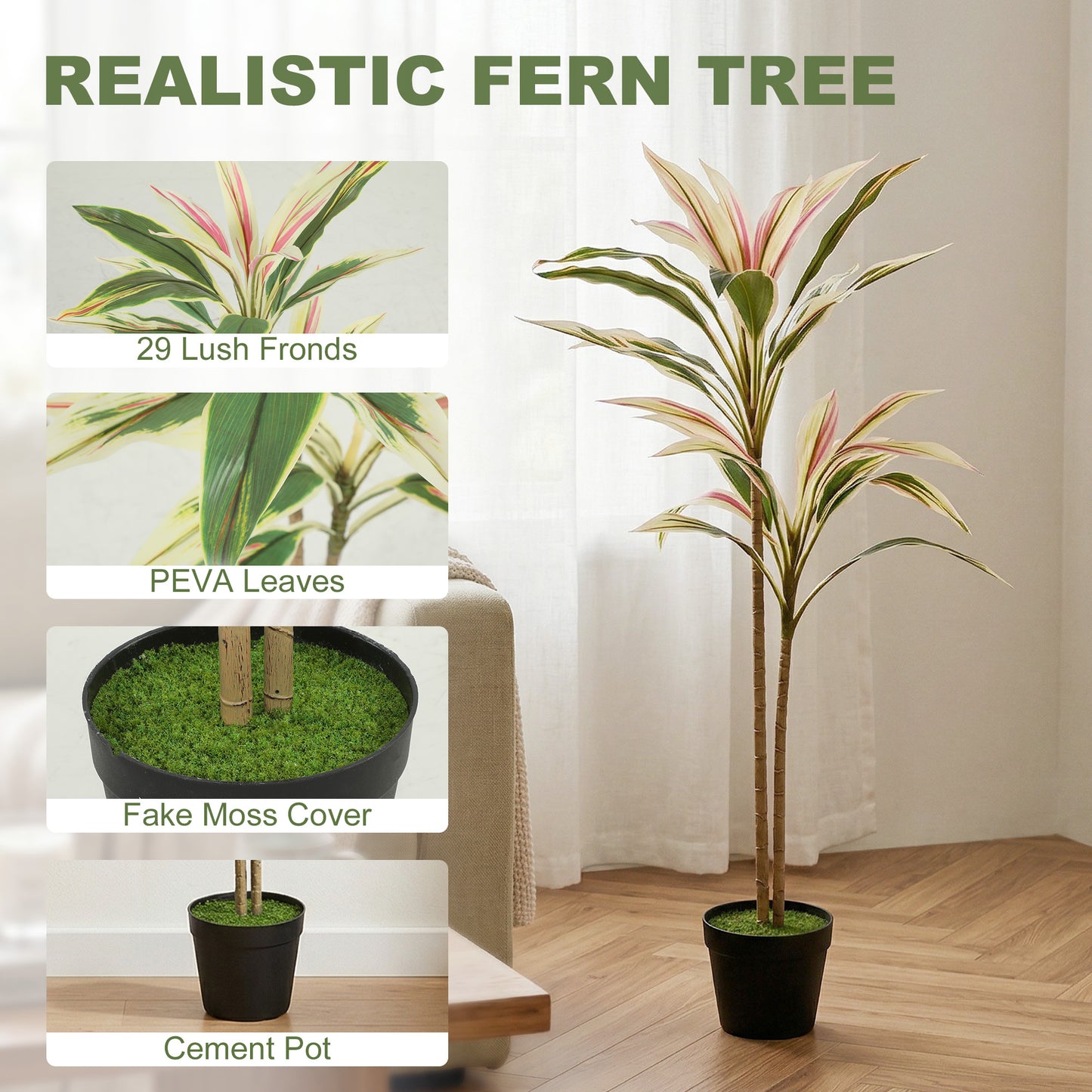 90 cm Artificial Cordyline Tree in Moss Effect Pot, Realistic PEVA Faux Plant, Yellow