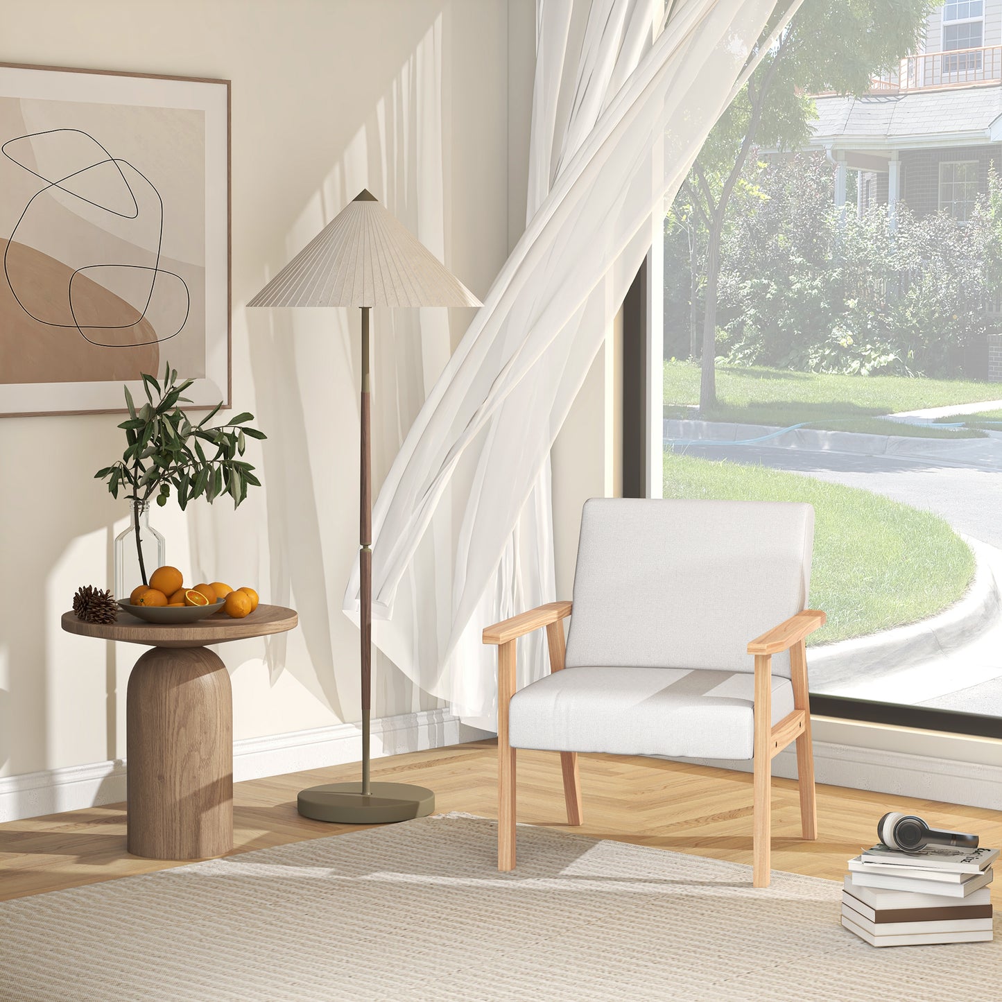 Modern Armchair, Linen Upholstered Accent Chair with Solid Wood Legs and Wide Seat
