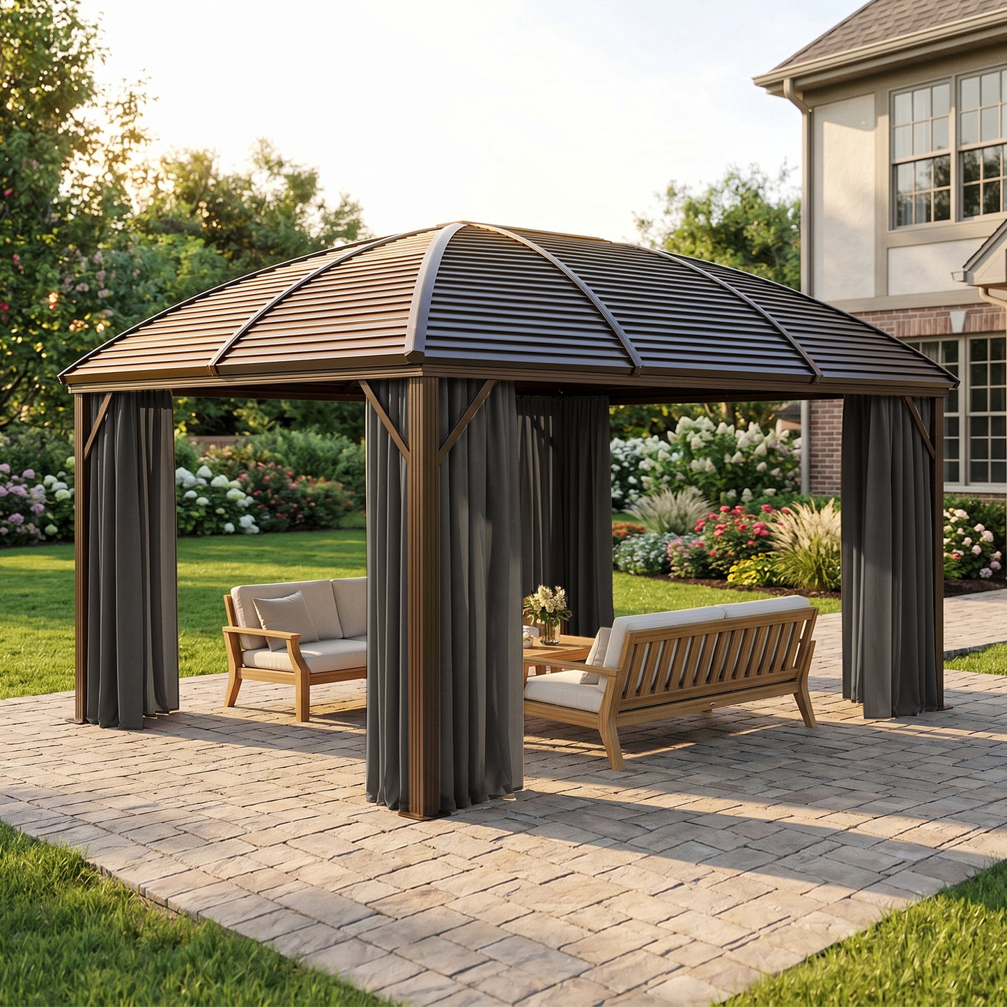 3 x 4m Hardtop Gazebo Canopy with Metal Roof, Aluminium Gazebo Permanent Pavilion with Netting and Curtains, Dark Grey