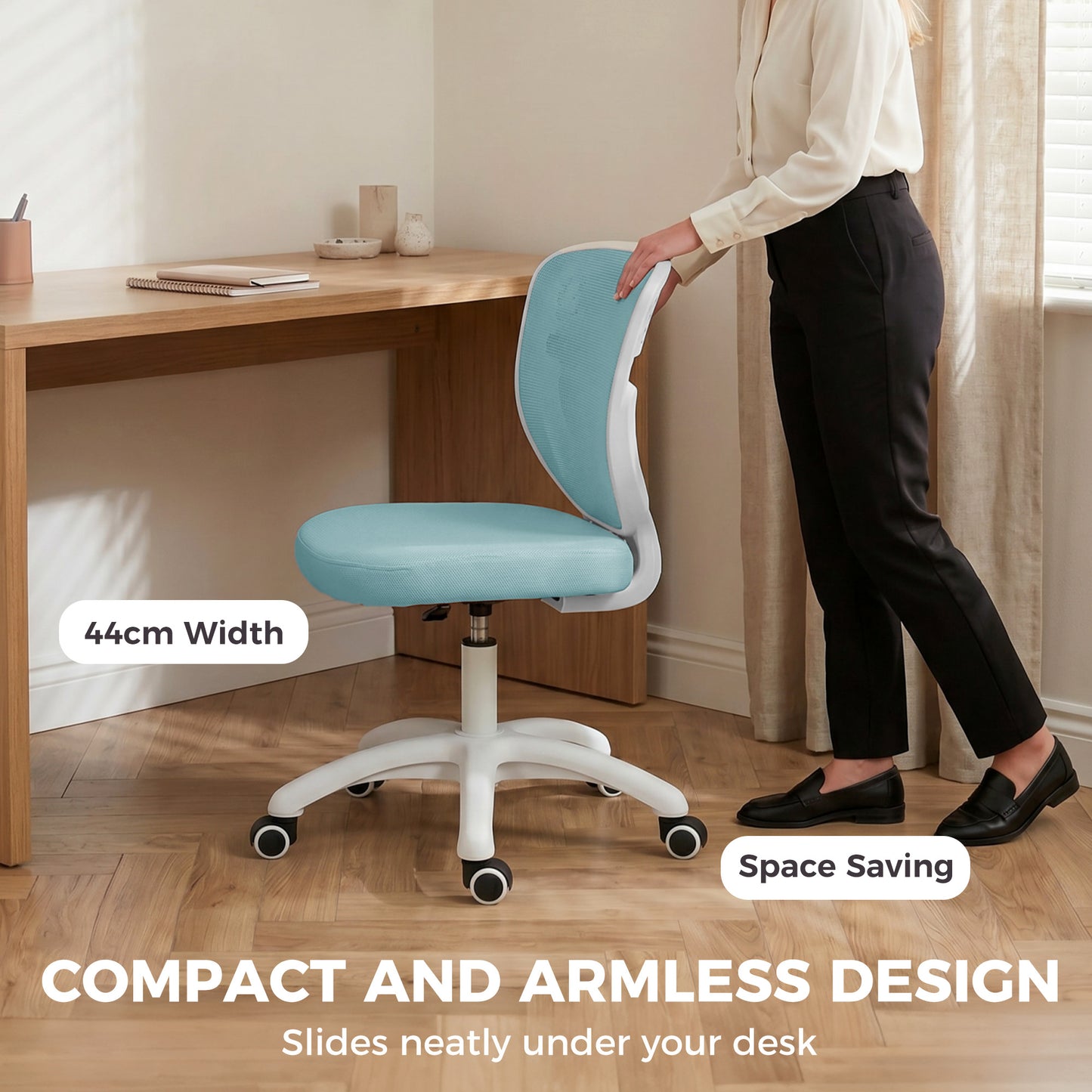 Office Chair, Armless Computer Desk Chair with Breathable Mesh, Adjustable Height, Swivel Wheels, Light Blue