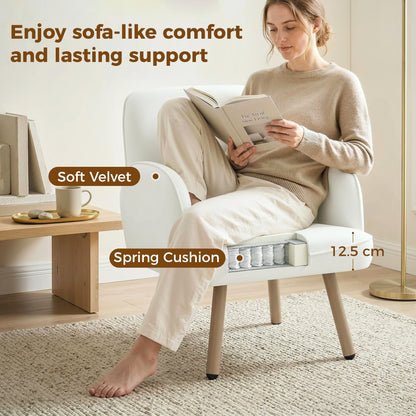 Lounge Chair Velvet Upholstered Armchair with Spring Cushion for Living Room Bedroom Cream White