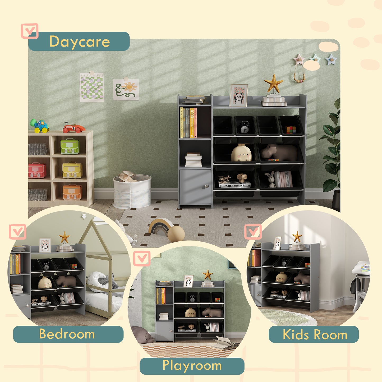 Toy Storage Unit with 8 Removable Bins, Storage Shelves, Cabinet, Grey