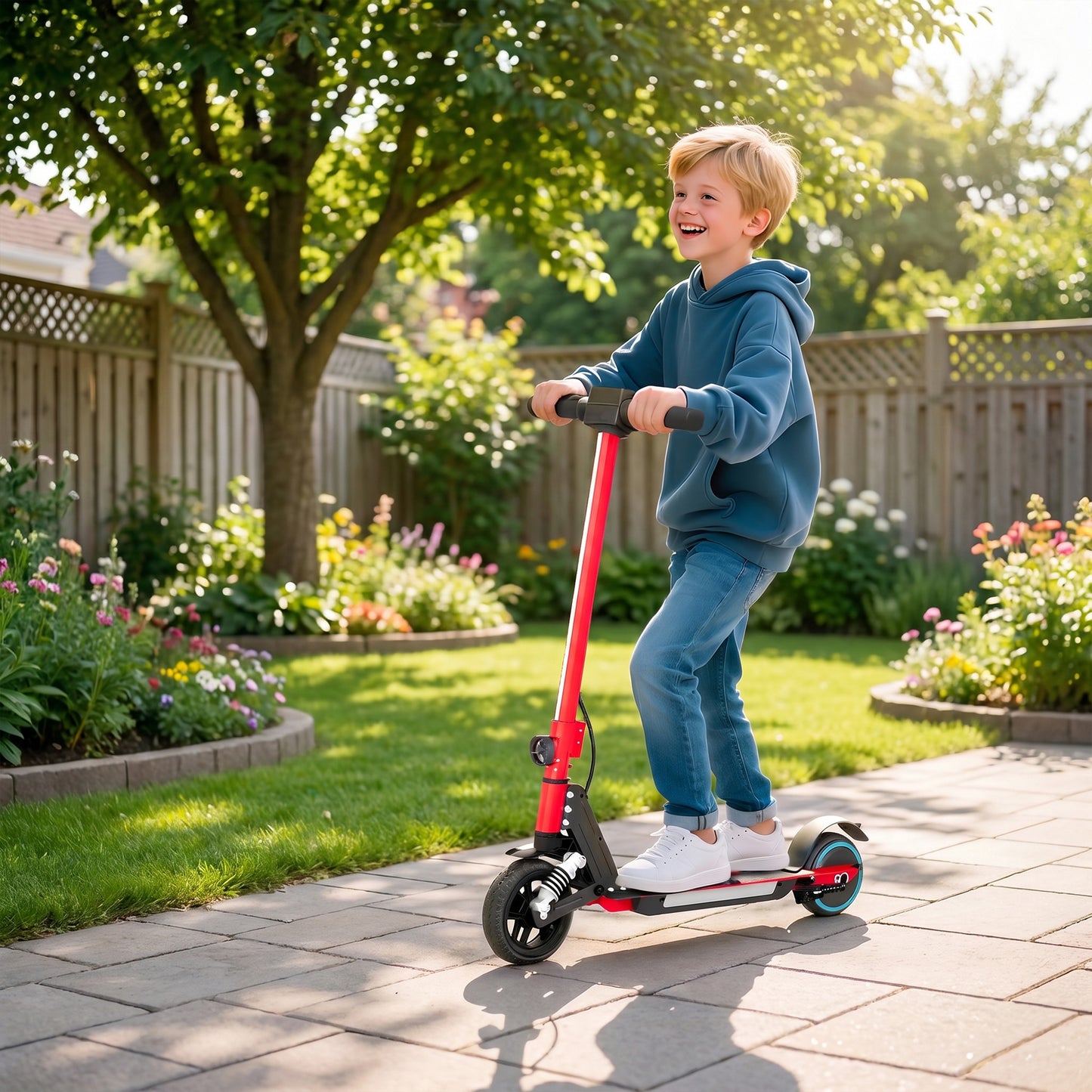 Folding Electric Scooter for Kids, with Dual Brakes, Front Suspension, LED Colourful Lights, Red