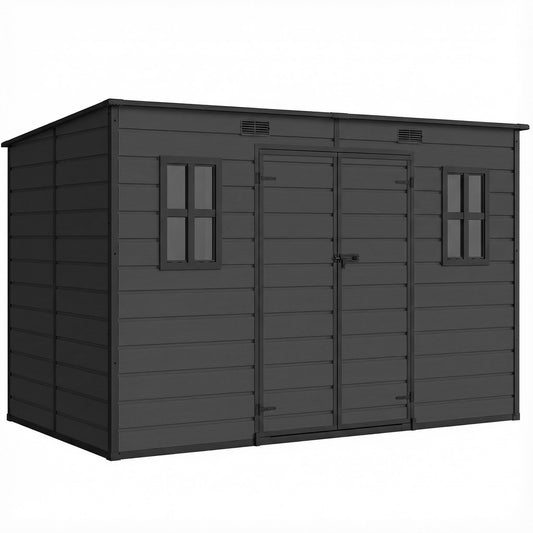 10 x 6 ft Resin Garden Shed, Outdoor Storage Shed with Floor, Windows, Lockable Doors and Vents, Dark Grey