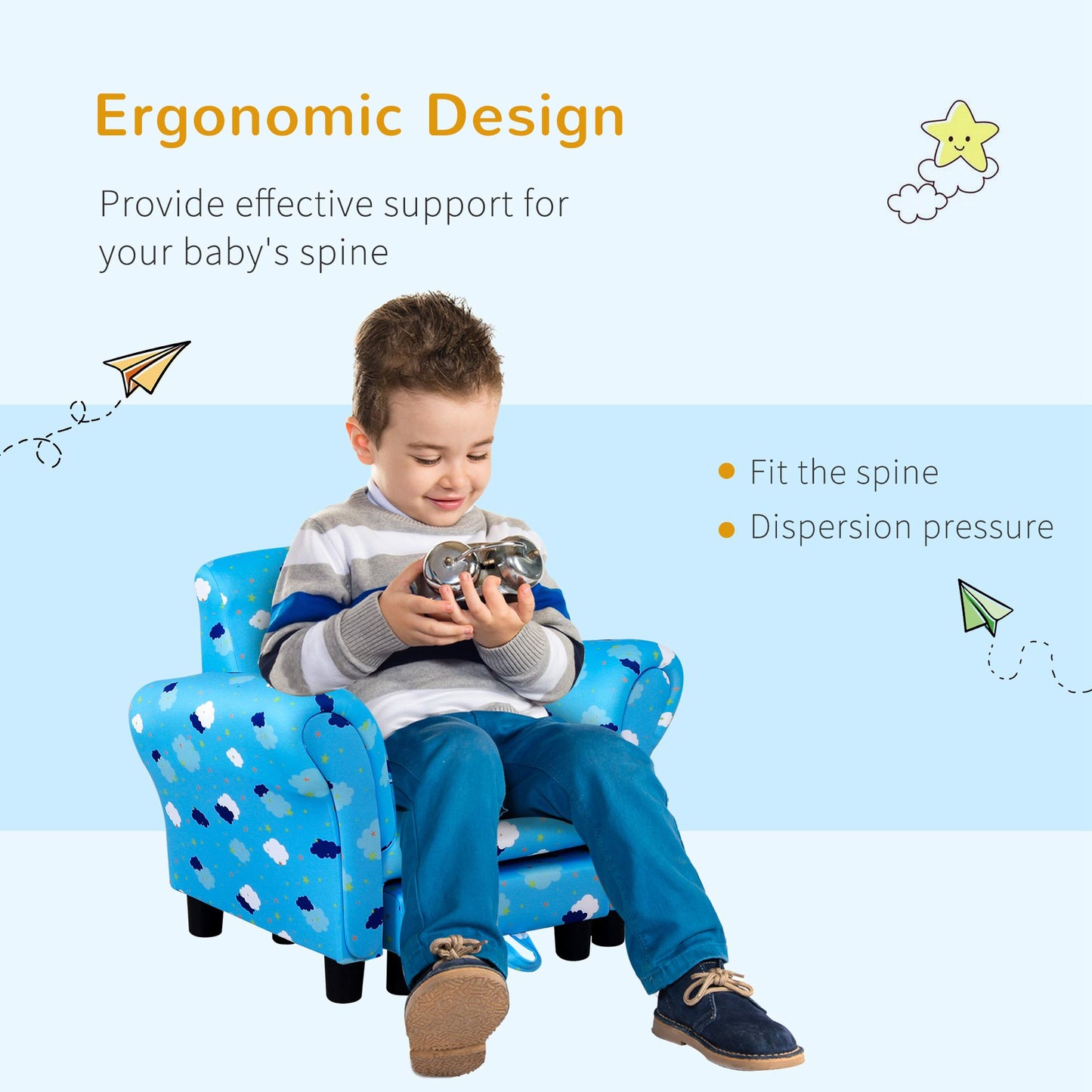 Toddler Chair Children's Armchairs Wood Frame w/ Footrest Anti-Slip Legs High Back Arms for Bedroom Playroom Cute Cloud Star