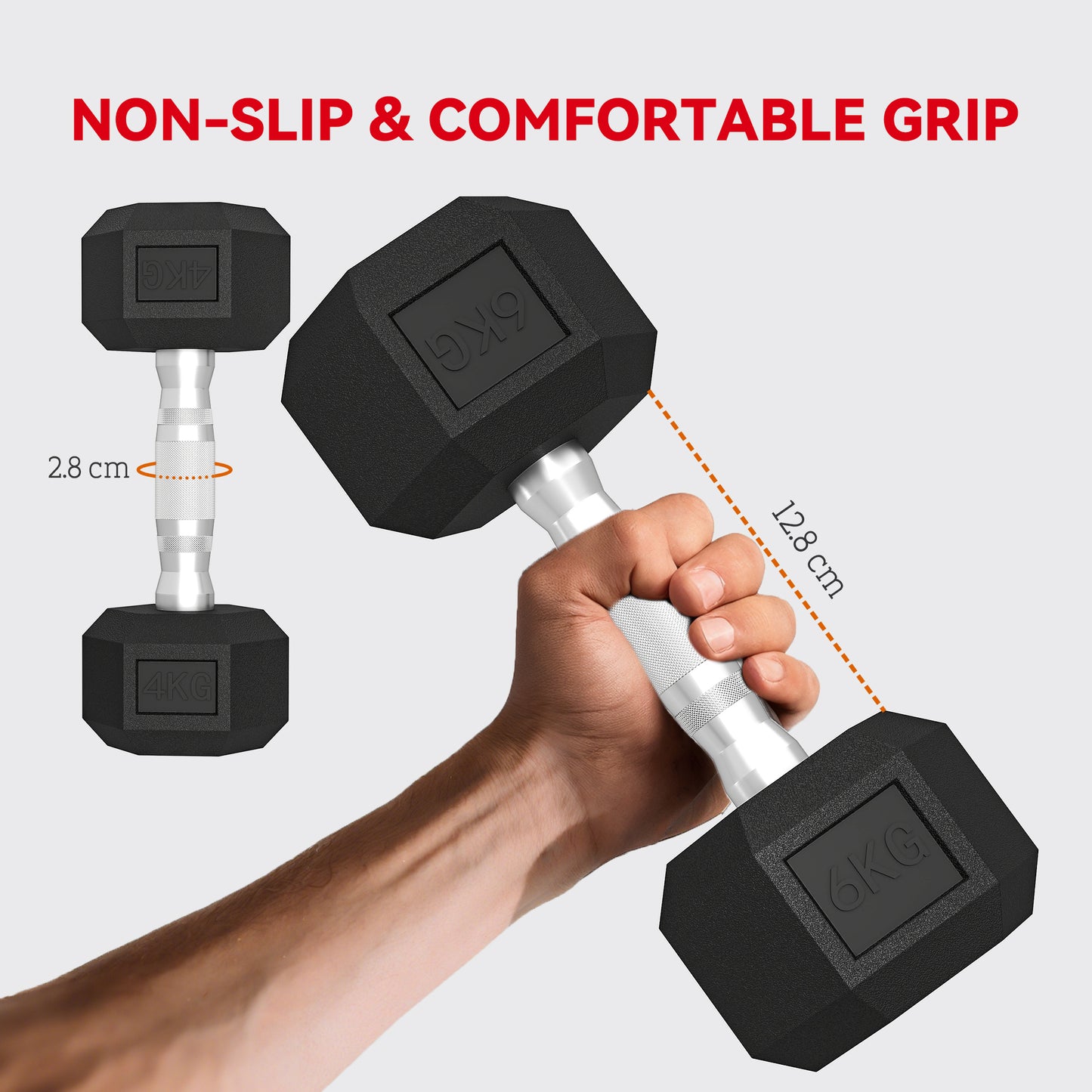 Hex Dumbbell Set with Weights Storage Rack, Rubber Coated Dumbbells, Non-Slip Chrome Handles