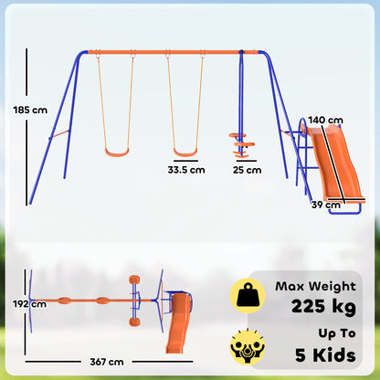 Four-In-One Metal Garden Swing Set, with Double Swings, Glider, Slider, Ladder - Orange and Blue