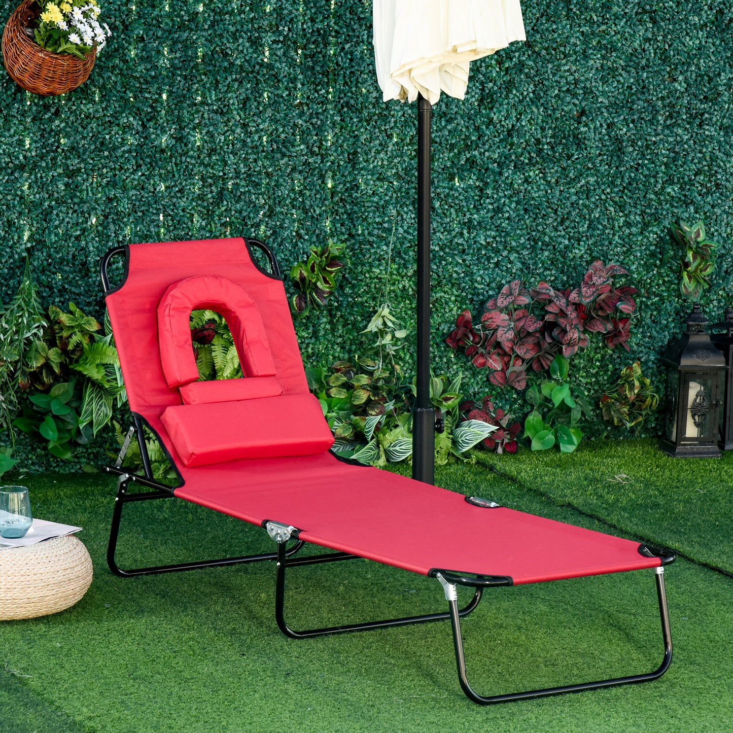 Folding Sun Lounger with Face Hole, 4-Position Adjustable Backrest Garden Recliner Chair Sunbed, Outdoor Lounge Chair