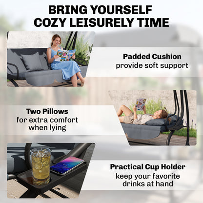 Three-Person garden Swing Chair, with Adjustable Canopy - Dark Grey