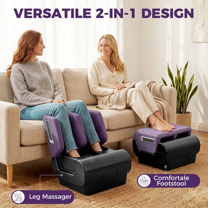 2 in 1 Foot and Calf Massager with Heat, Air Compression, Timer, 3 Modes & Intensities, Purple and Black