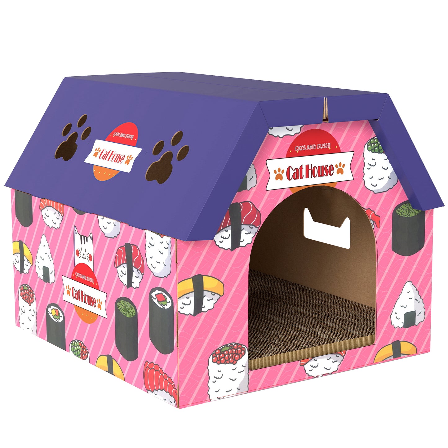Cat Scratching Board, 2-in-1 Cardboard Cat House and Hideaway for Indoor Cats, Pink