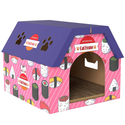 Cat Scratching Board, 2-in-1 Cardboard Cat House and Hideaway for Indoor Cats, Pink