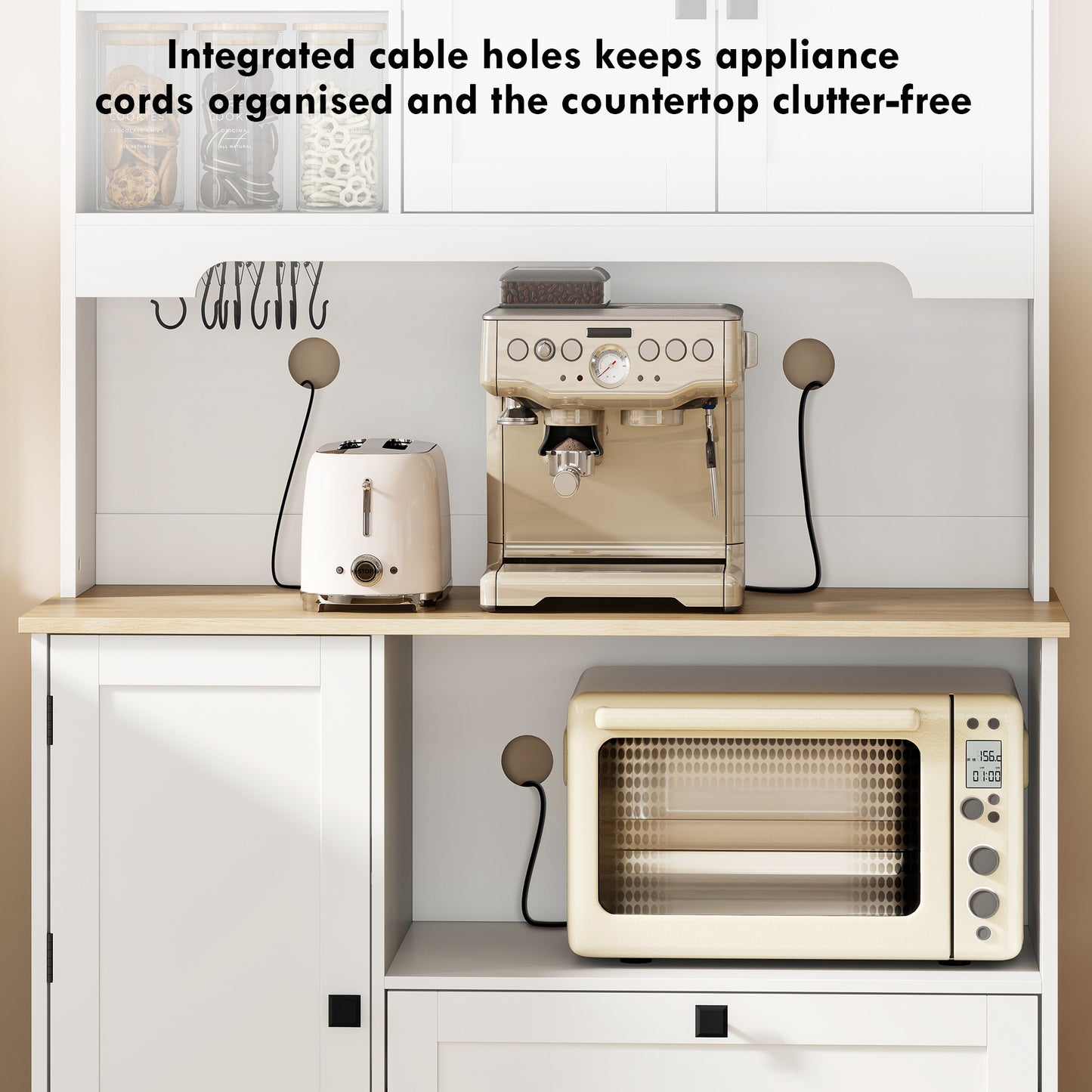 Kitchen Cupboard, Freestanding Kitchen Cabinet with 2 Cabinets, 2 Drawers, Open and Adjustable Shelves, White