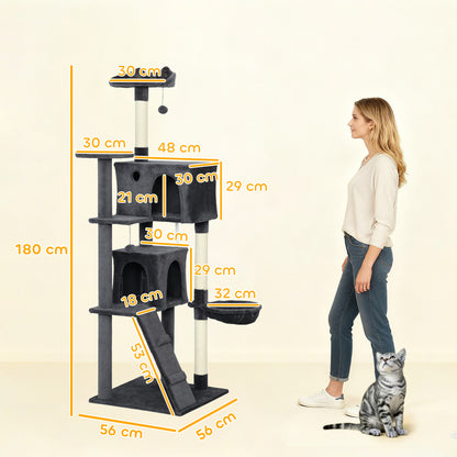 180cm Large Cat Tree Tower with Sisal Scratching Posts, Condos, Plush Perches, Hammock, Ladder, Dark Grey
