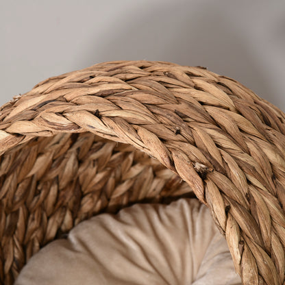 Wicker Cat Bed, Raised Rattan Cat Basket with Cylindrical Base, Soft Washable Cushion, 40 x 37 x 51 cm - Brown