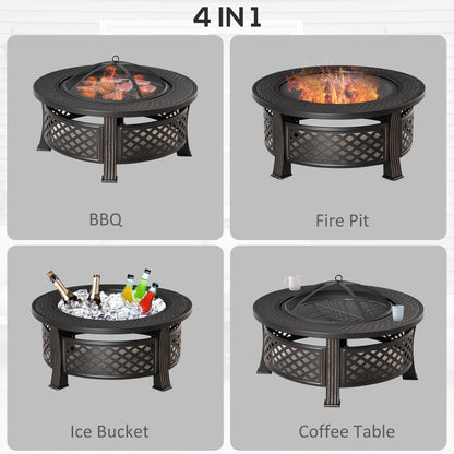 Outdoor Fire Pit, Firepit with Grill Net, Mesh Lid, Poker, for Camping, Bonfire, Picnic, Bronze Tone