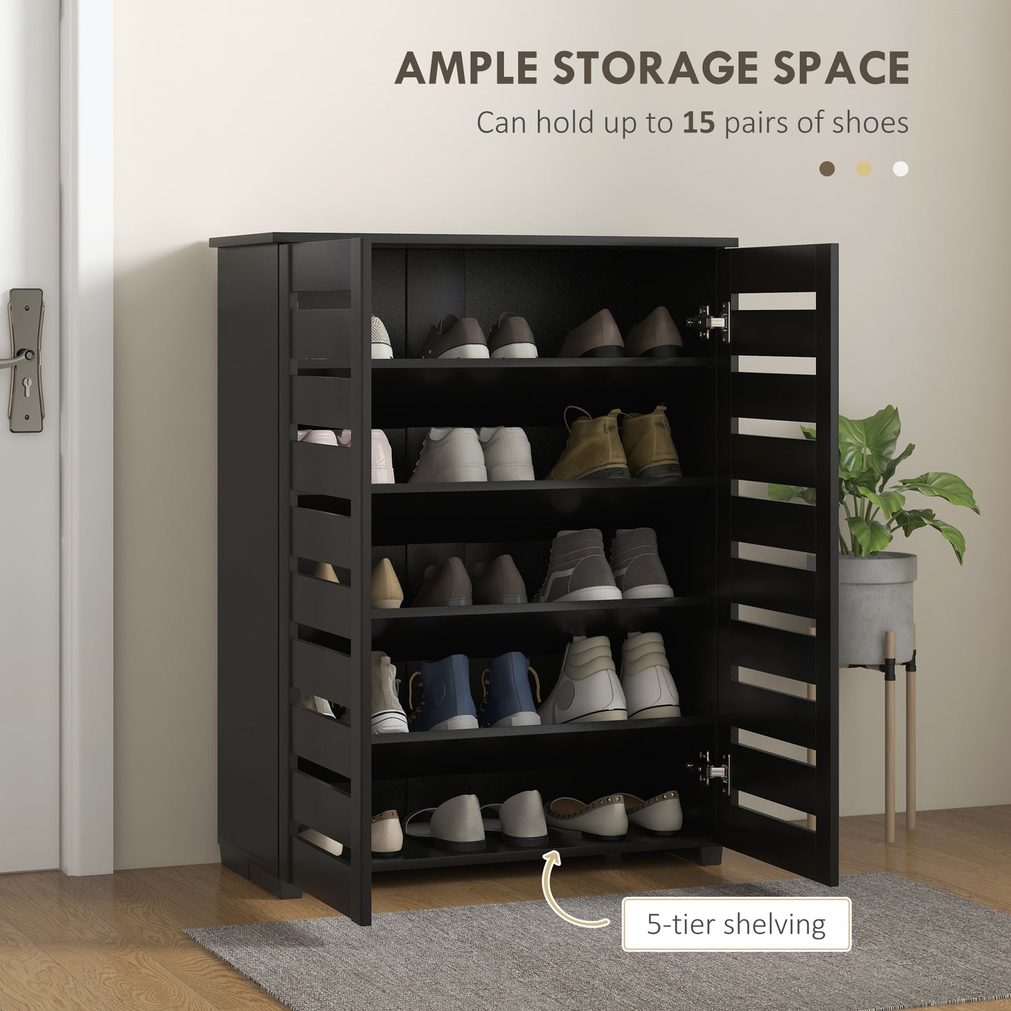 Narrow Shoe Cabinet for Entryway, 5-Tier Slim Shoe Storage Cabinet with 2 Slatted Doors and Adjustable Shelves