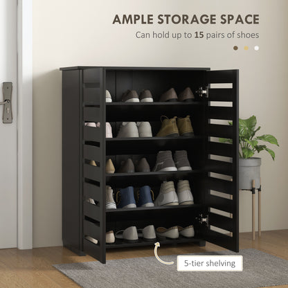 Narrow Shoe Cabinet for Entryway, 5-Tier Slim Shoe Storage Cabinet with 2 Slatted Doors and Adjustable Shelves