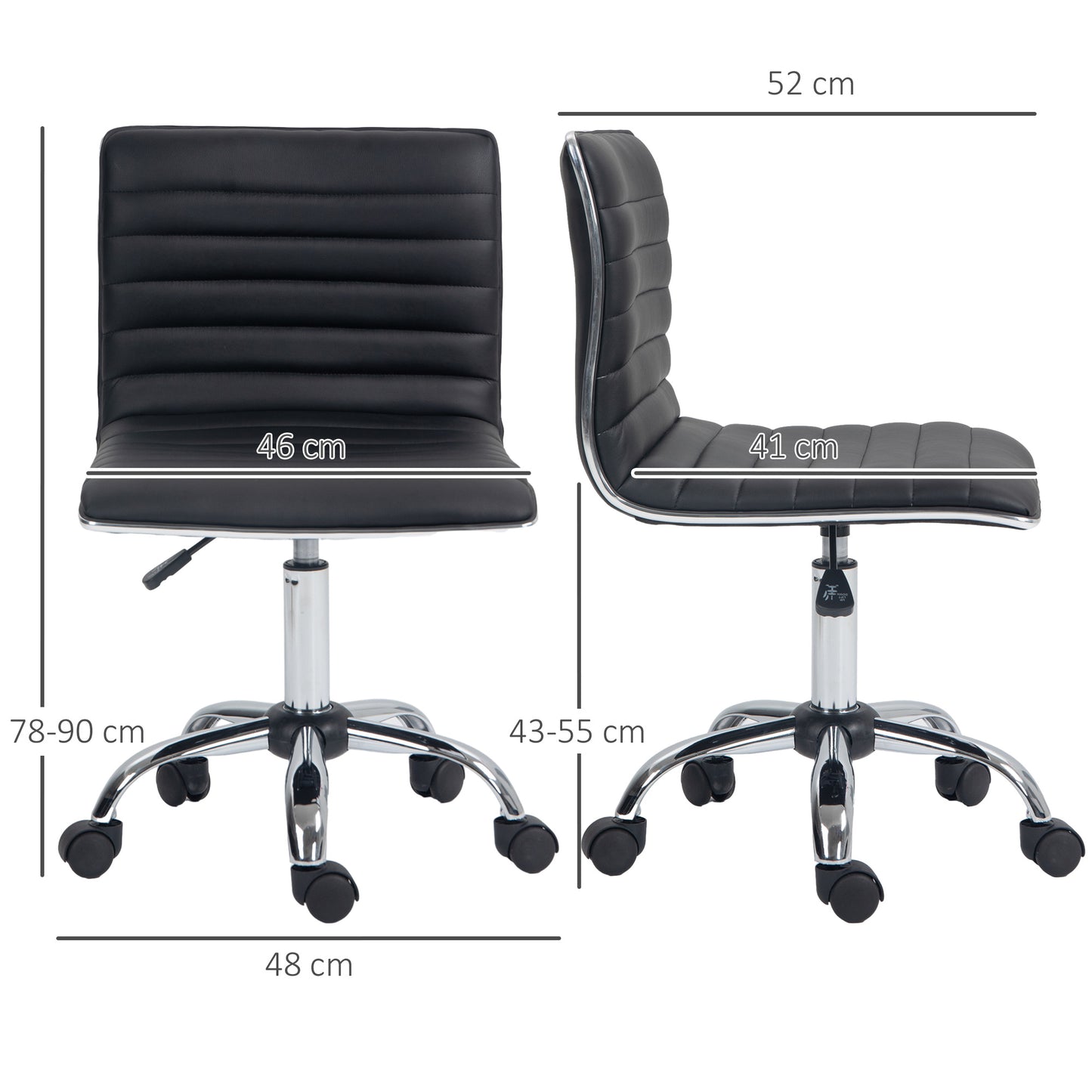 Armless Task Desk Chair, Swivel Office Chair with Faux Leather, Adjustable Seat Height, Chrome Base, Wheels for Home, Black
