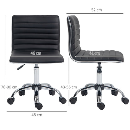 Armless Task Desk Chair, Swivel Office Chair with Faux Leather, Adjustable Seat Height, Chrome Base, Wheels for Home, Black