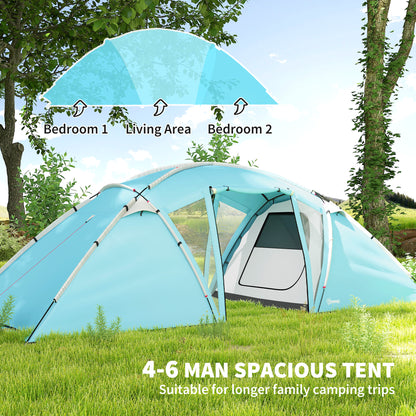 4-6 Man Family Camping Tent w/ 2 Bedrooms and a Living Room, Waterproof Tunnel Tent w/ Sewn In Groundsheet, Doors, Windows