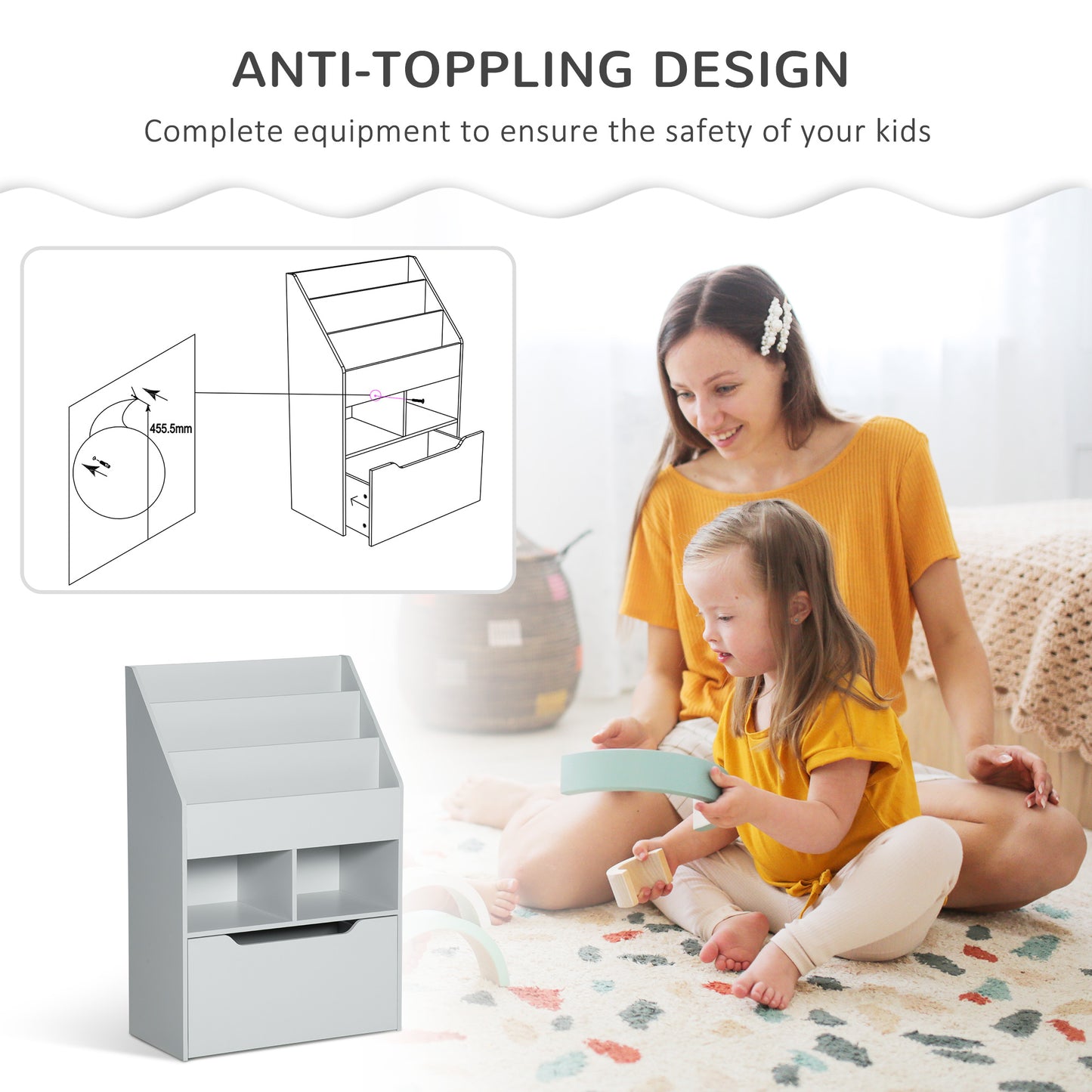 Kids Bookshelf, Toy Organiser, with Storage Drawer, Wheels - Grey