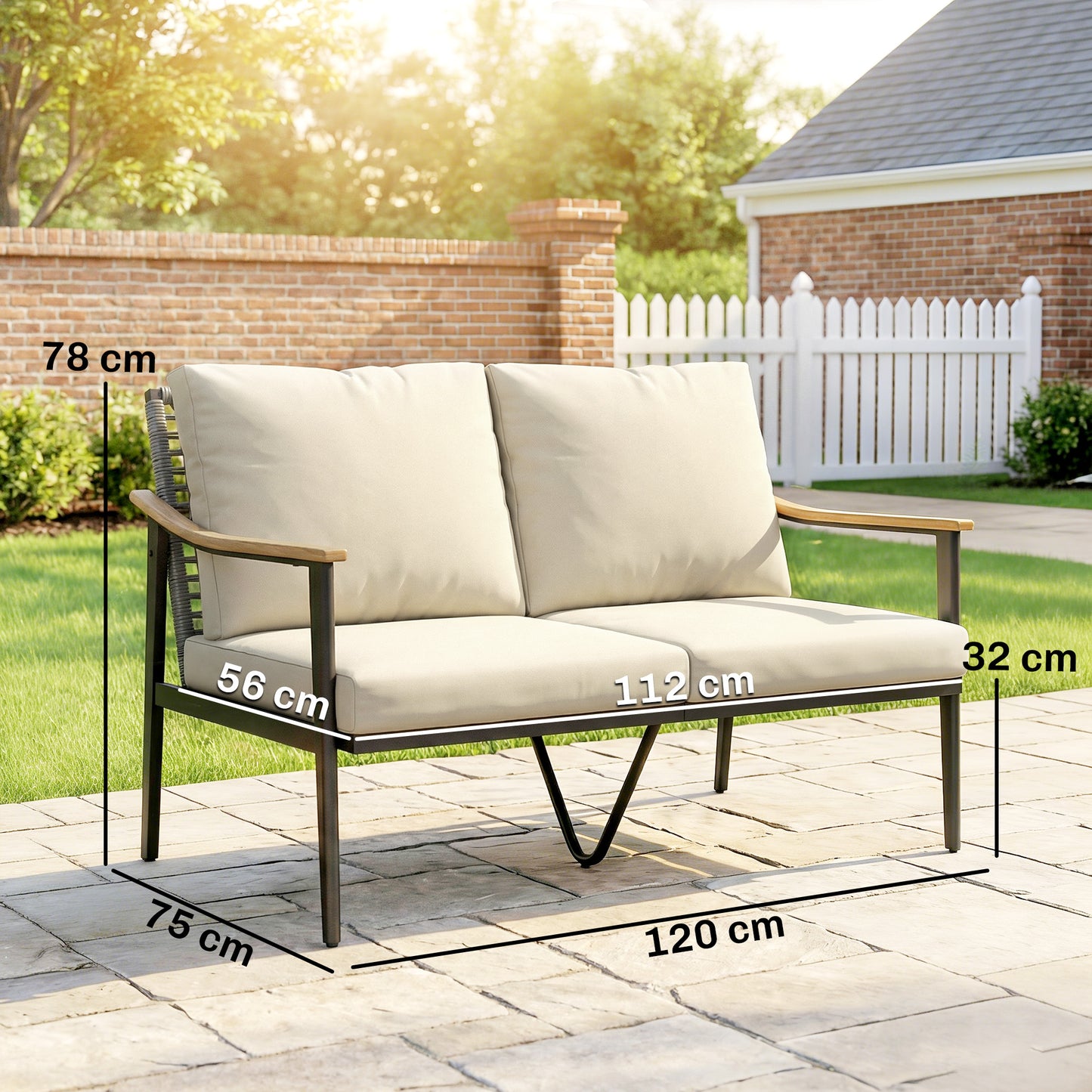 2 Seater Rattan Sofa, Outdoor Garden Sofa with Wood-Effect Armrests, Cushions for Patio, Balcony, Khaki