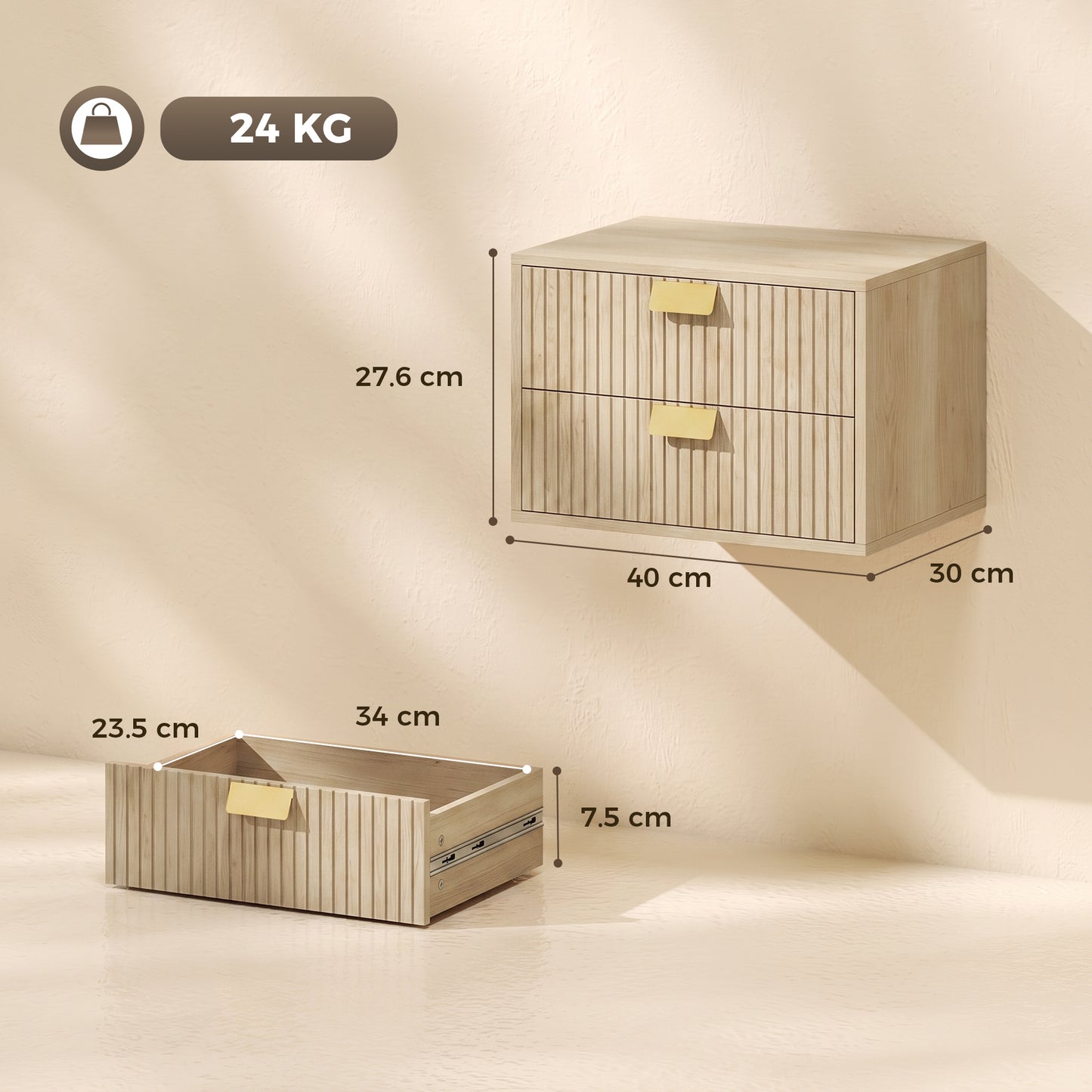 Modern Floating Nightstands Set of 2, Wall Mounted Bedside Tables with 2 Drawers, Oak
