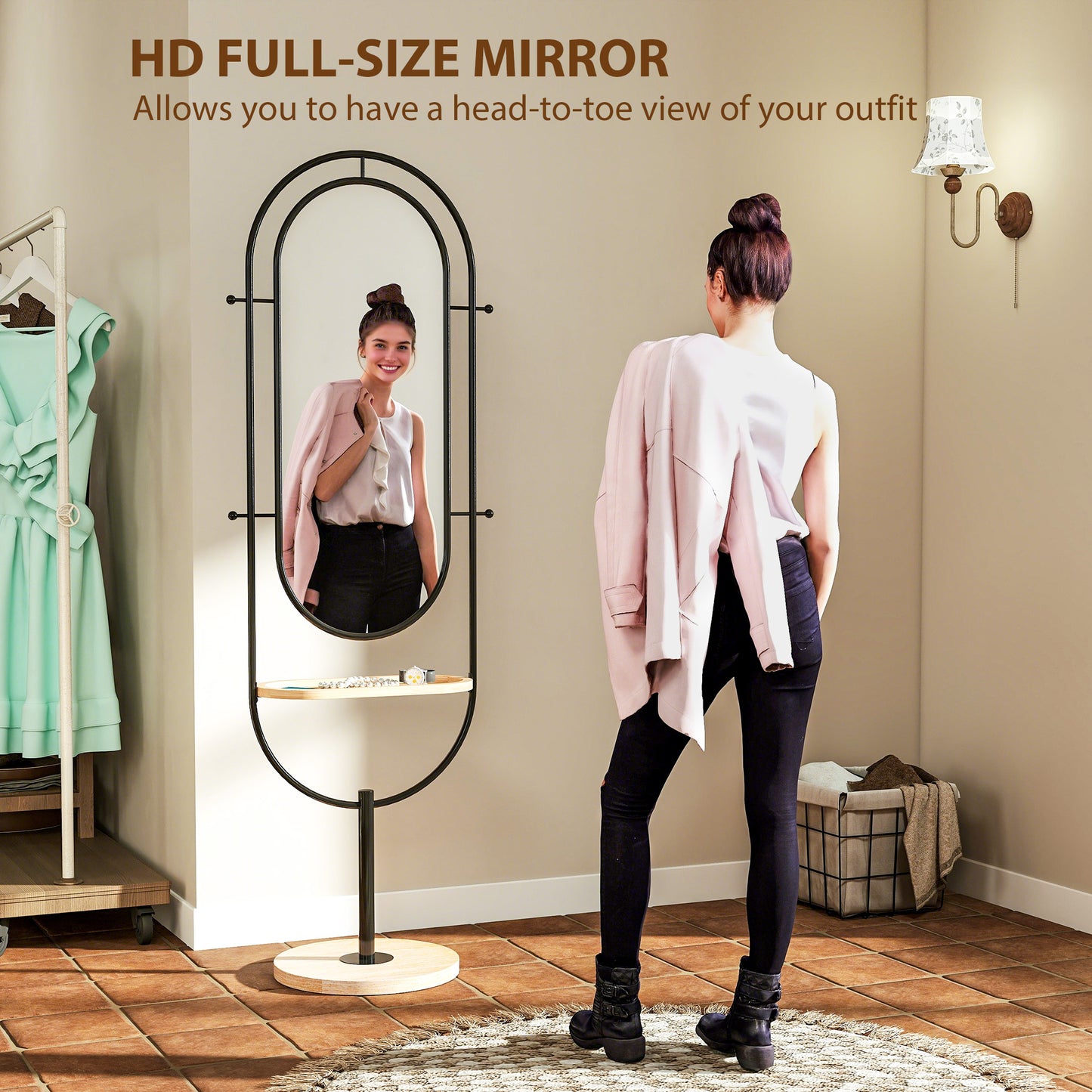 Oval Full Length Mirror with Wooden Tray and 4 Hooks - Black