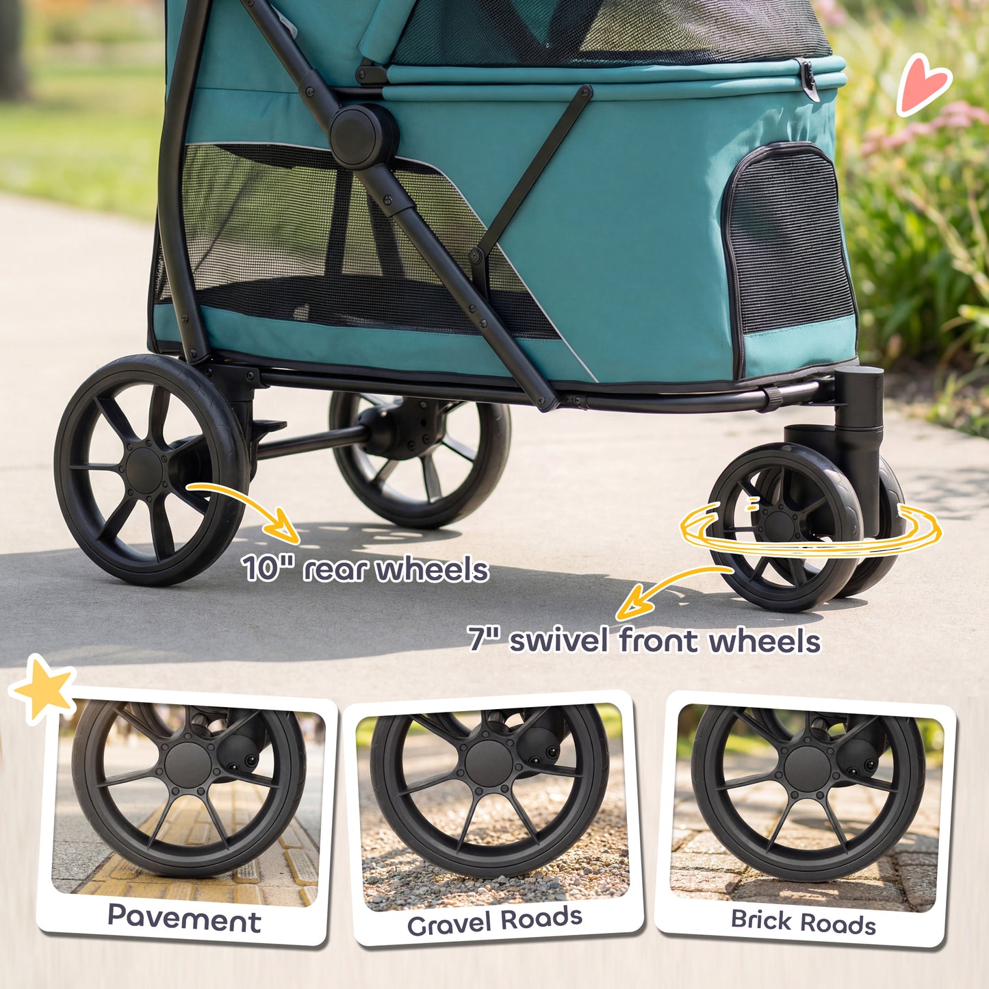 Dog Stroller, 3 Wheels Pet Stroller with Dual Entry, Easy One-Click Quick Fold, Mesh Windows, Washable Cushion