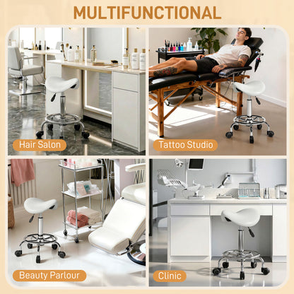 Salon Saddle Stool, Rolling Saddle Chair for Massage, Spa, Clinic, Beauty, Hairdressing and Tattoo, White