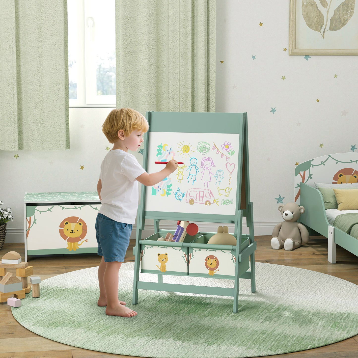Art Easel for Kids, Double-Sided Whiteboard/Blackboard with Paper Roll, Two Storage Boxes, for Ages 3-8 Years, Green