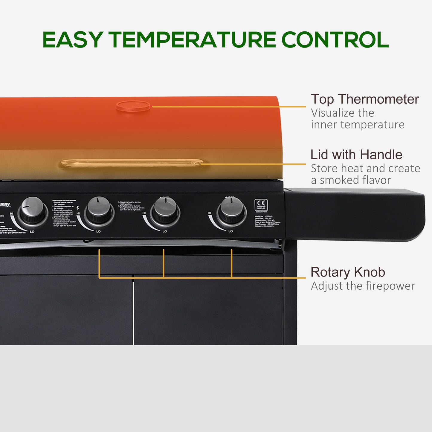 4+1 Burner Gas BBQ Grill, Outdoor Barbecue Trolley with Wheels, Warming Rack, Side Shelves, Cabinet, Thermometer for Garden