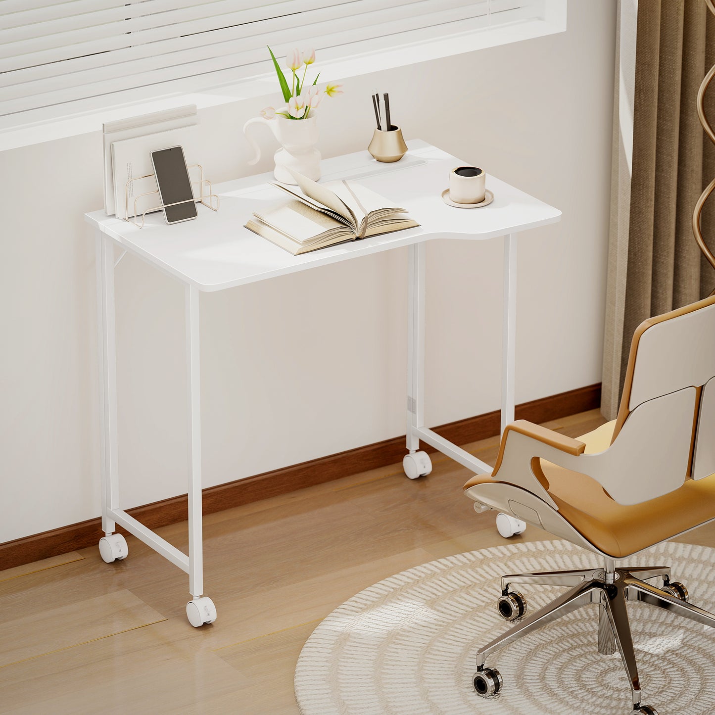 Small Folding Desk, with Wheels - White Wood-Effect