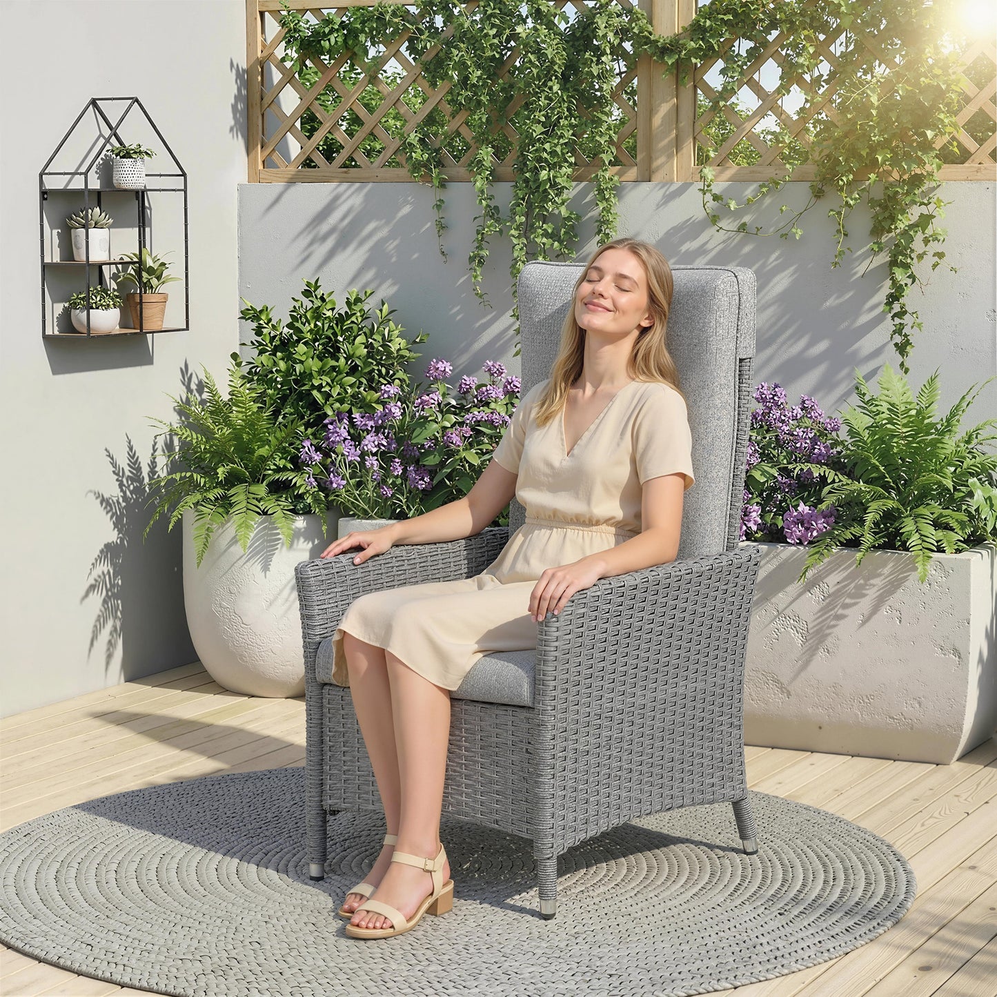 105°-150° Reclining Rattan Chair - Light Grey