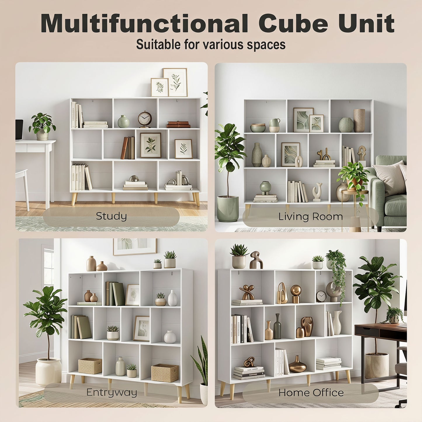 10-Cube Bookcase, 3-Tier Book Shelf with Solid Wood Legs, 140 cm Modern Bookshelf with Anti-Tip Kit for Bedroom, White