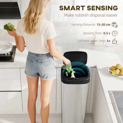 50L Stainless Steel Sensor Bin - Silver Tone