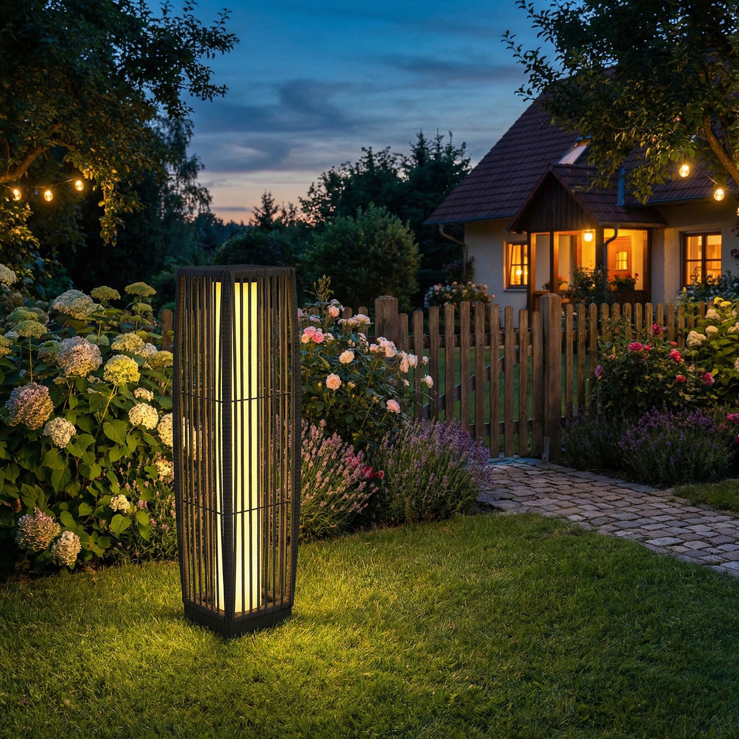 Solar Rattan Floor Lamp, Outdoor Garden Lantern with Auto On/Off LED Lights, IP44 for Patio, Terrace, Dark Grey