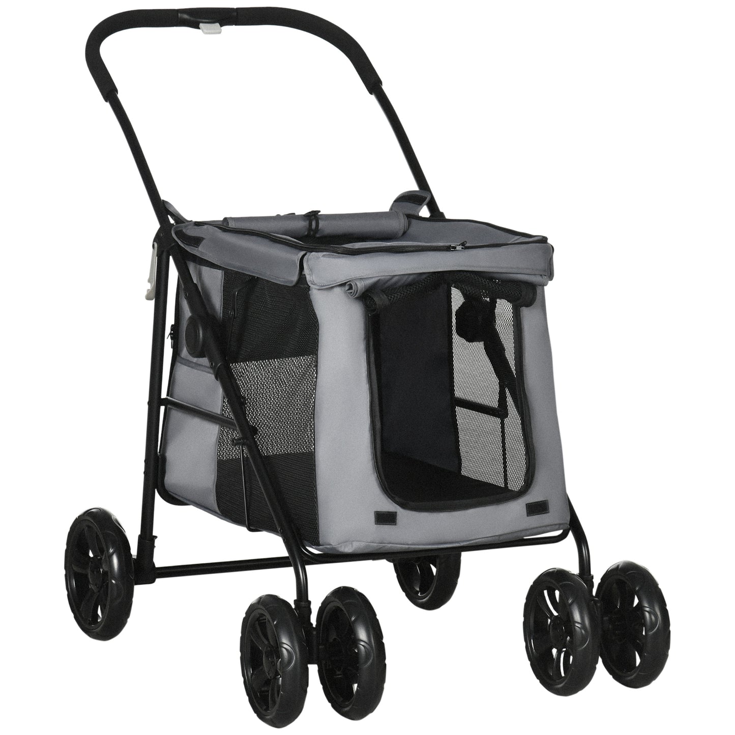 Dog Pram Dog Stroller 4 Wheels Pet Pushchair with Rolling Door, Cushion, Safety Leashes, for Small and Medium Breeds, Grey