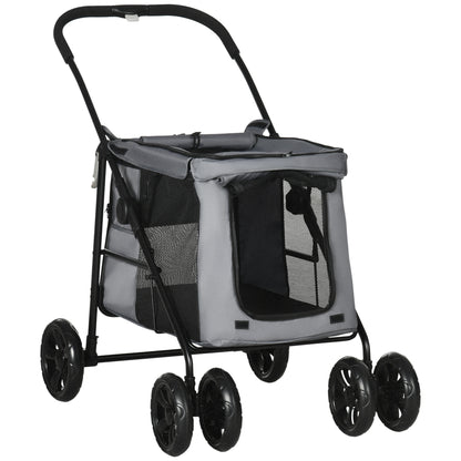 Dog Pram Dog Stroller 4 Wheels Pet Pushchair with Rolling Door, Cushion, Safety Leashes, for Small and Medium Breeds, Grey